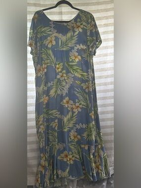 Hawaiian Two Palms rayon Floral Blue Midi Dress Tropical Print 3x fits like 2X